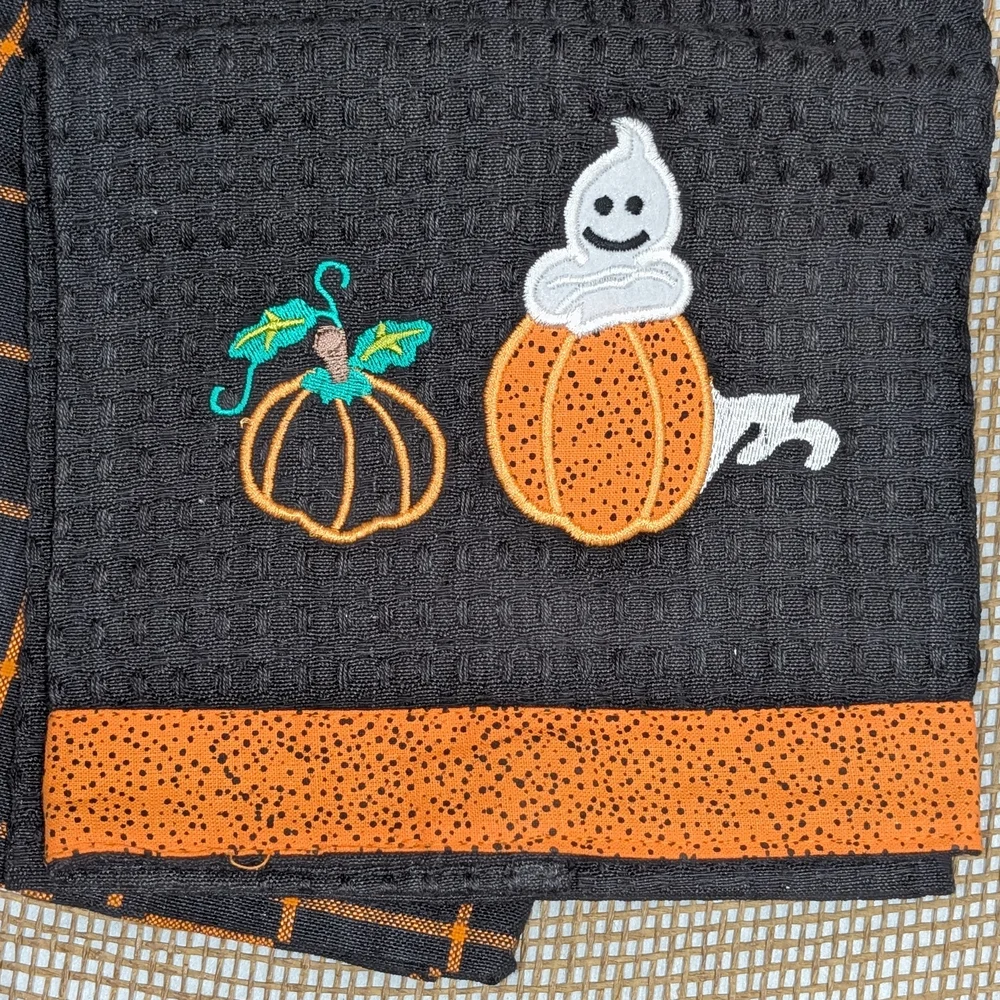 Halloween Kitchen Towels, Black & Orange, Cute Ghost Applique